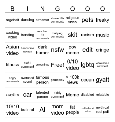 instagram Bingo Card