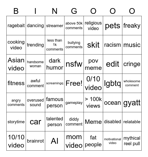 instagram Bingo Card