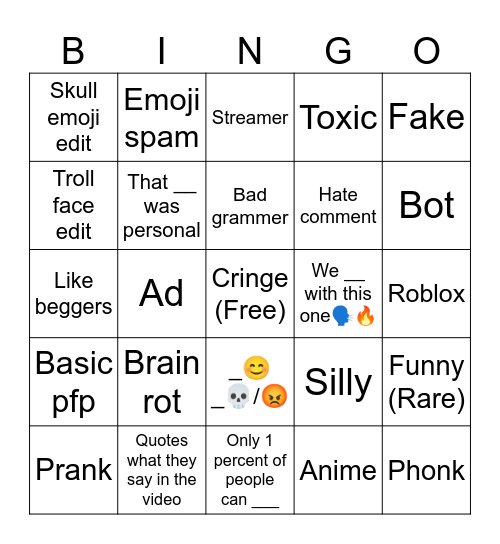 Yt Shorts Bingo Card