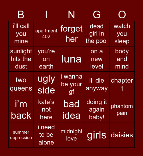 girl in red bingo! Bingo Card