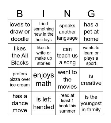 Welcome to Year 4 - Find Someone Who Bingo! Bingo Card