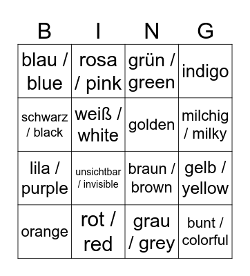Songs / Band mit Farben Bingo Card