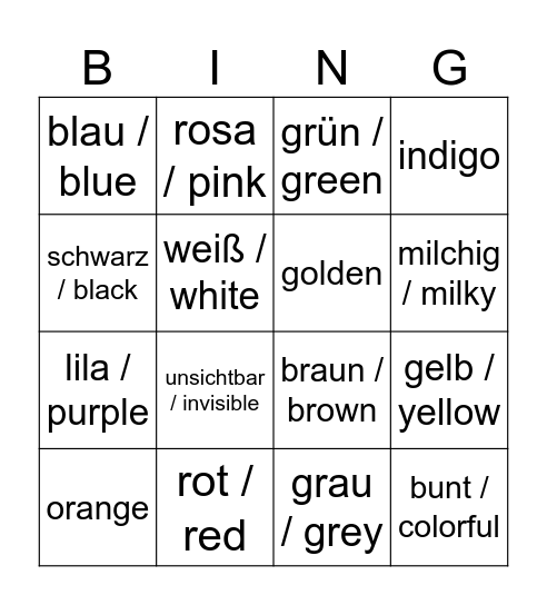 Songs / Band mit Farben Bingo Card