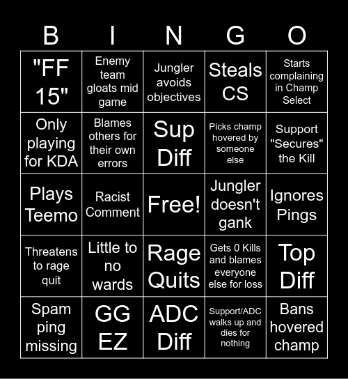 League Teammate Toxicity Bingo Card