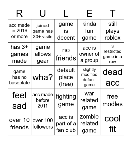 place roulette bingo Card