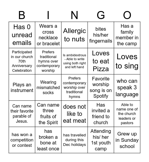 Joynonia Session 1 - Fellowship Bingo Card