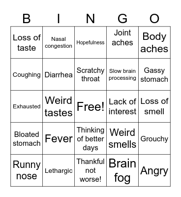 Covid Symptoms Bingo Card