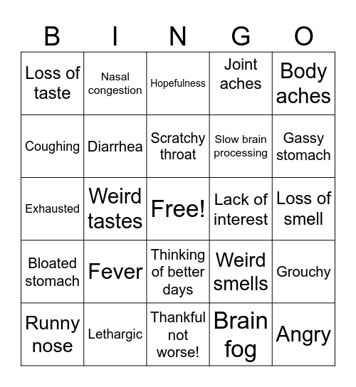 Covid Symptoms Bingo Card