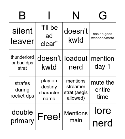 Destiny 2 Lfg Bingo Card