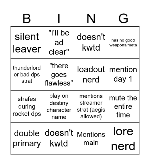 Destiny 2 Lfg Bingo Card