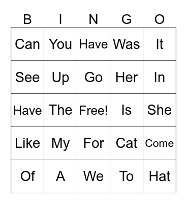 Sight words Bingo Card