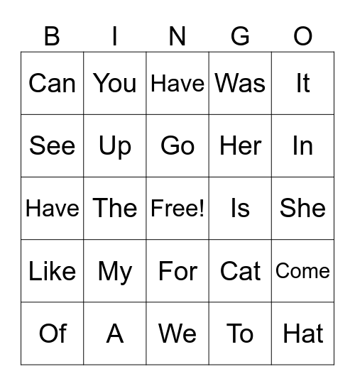 Sight words Bingo Card