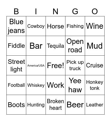 Country music Bingo Card