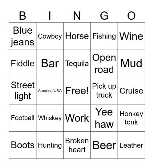 Country music Bingo Card