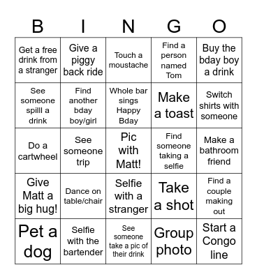 Matt's 50th Bar Crawl Bingo Card