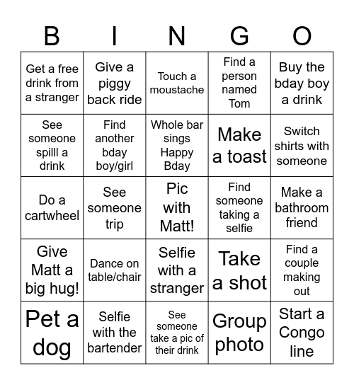 Matt's 50th Bar Crawl Bingo Card