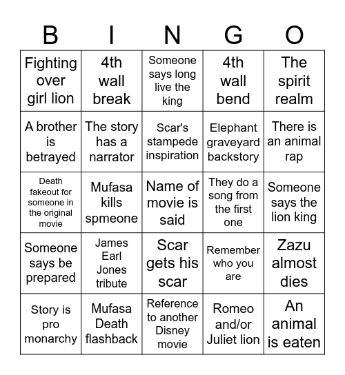 Mufasa Bingo Card