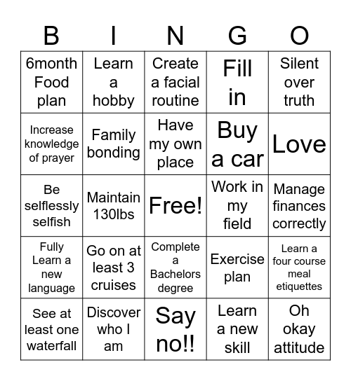 2025 New Year Resolution Bingo Card