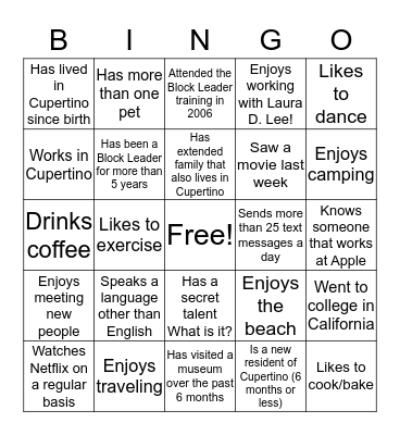 Block Leader Bingo Card