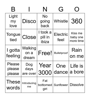 Pop Hits Bingo Card