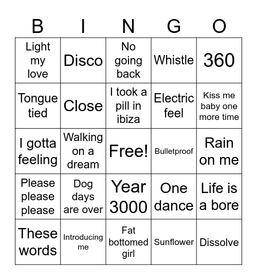 Pop Hits Bingo Card