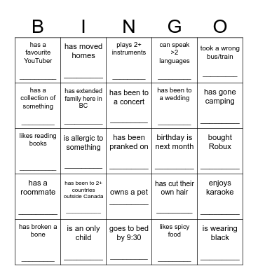 YOUTH Bingo Card