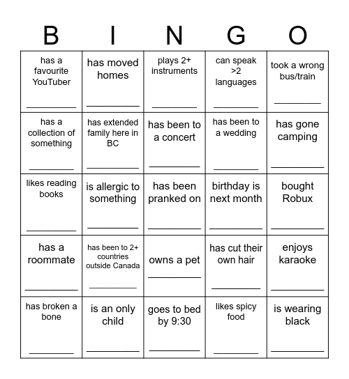 YOUTH Bingo Card