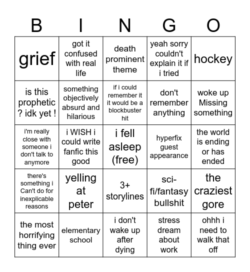 Alex Dream Bingo Card