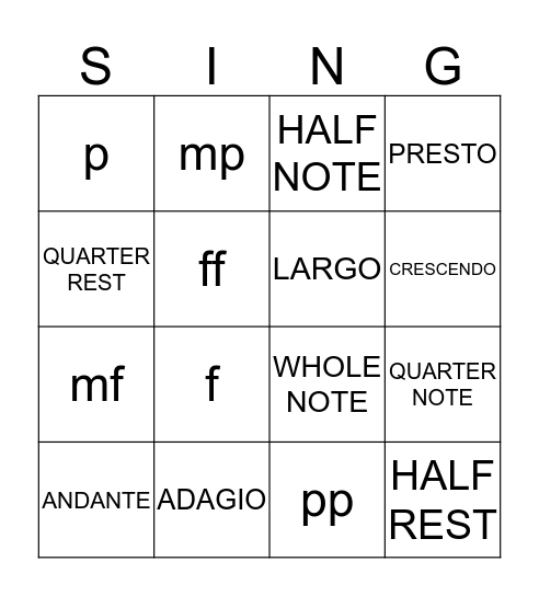 Music Bingo Card
