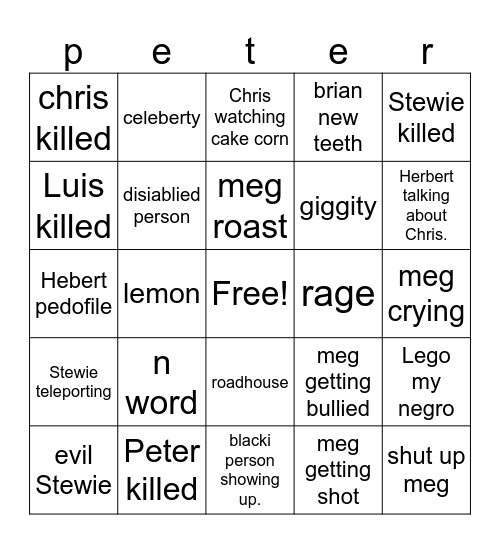 Family Guy Bingo Card