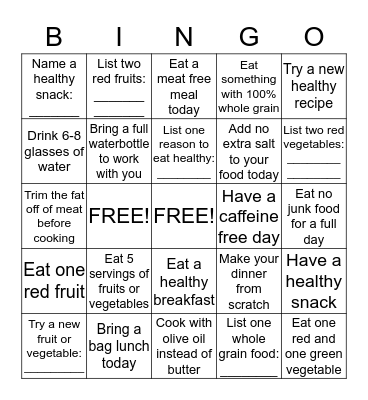 Conwed Healthy Eating BINGO Card