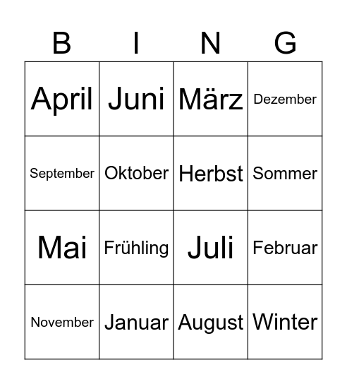 Monate / Jahreszeiten Bingo Card