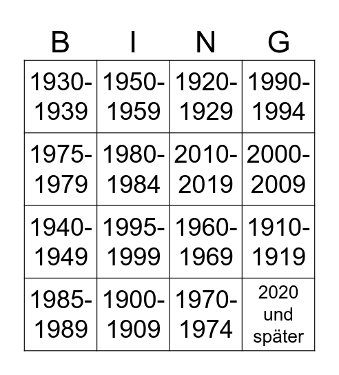 Dekaden Bingo Card