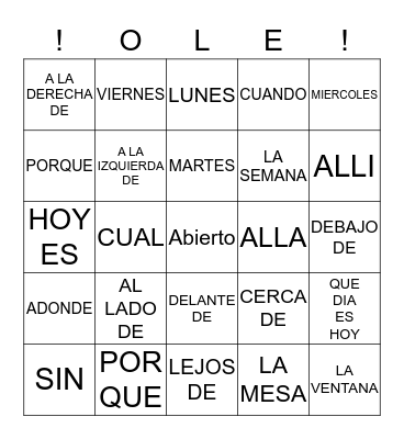 Prep., Interro., Dias, Vocab. Descubre L. 2 Bingo Card