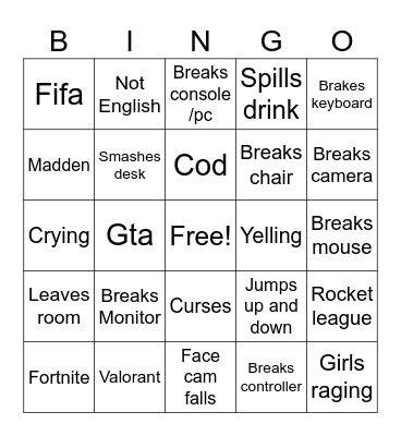 People raging Bingo Card