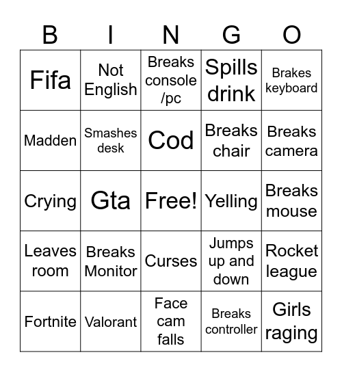 People raging Bingo Card