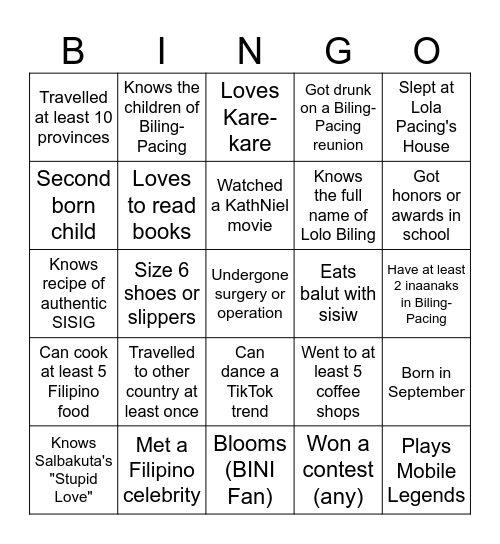 BILING - PACING 2024 Bingo Card