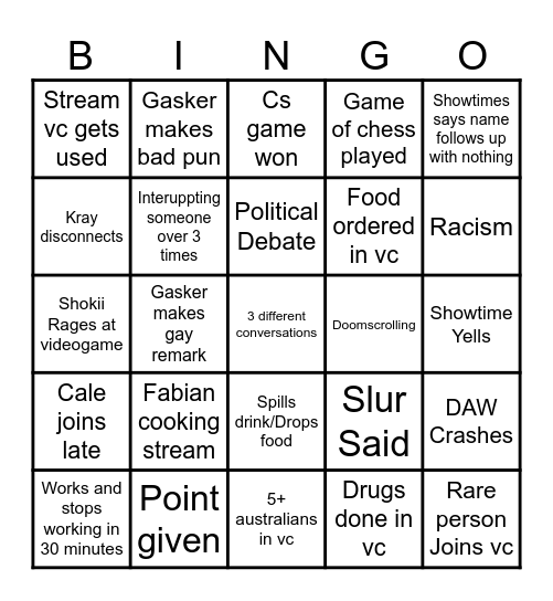 Shokii Server VC Bingo Card