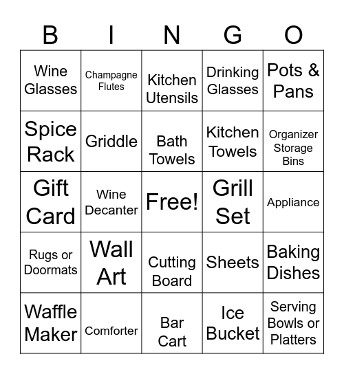 Bridal Shower Gift Bingo! Bingo Card