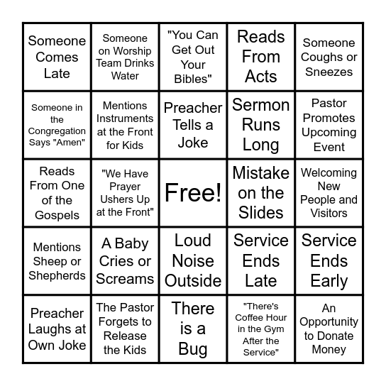 Church Service Bingo Card