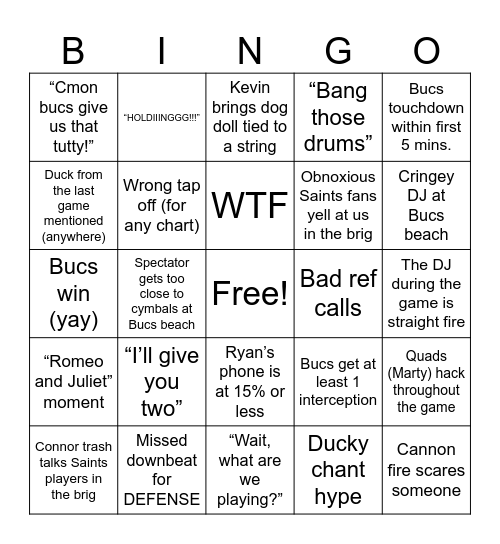 Bucs vs Saints 1/5 Bingo Card