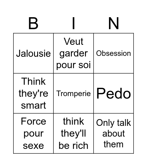 Stupid ex Bingo Card