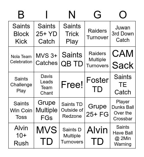 Saints v Raiders 24 Bingo Card