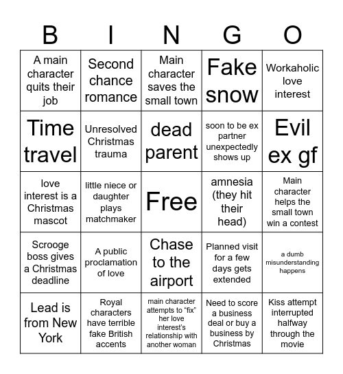 Christmas Hallmark Movie Bingo Card