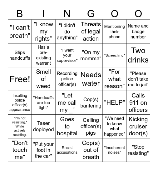 Bodycam Bingo Card
