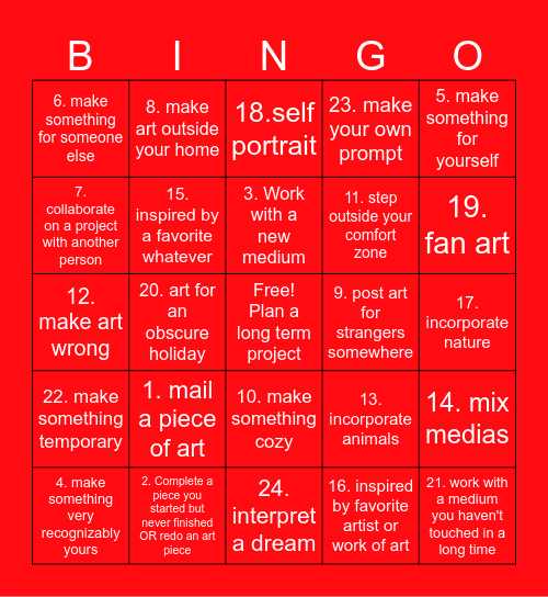 Nick's Art Bingo Card