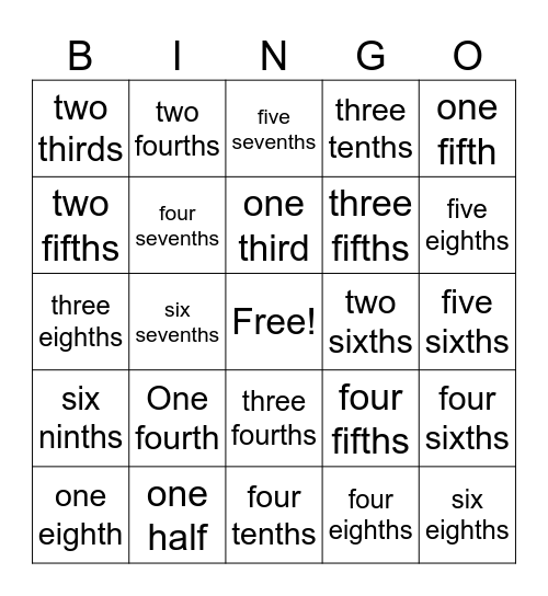 Fractions Bingo Card