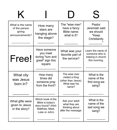 Cedar Mill KIDS 12/29 Bingo Card