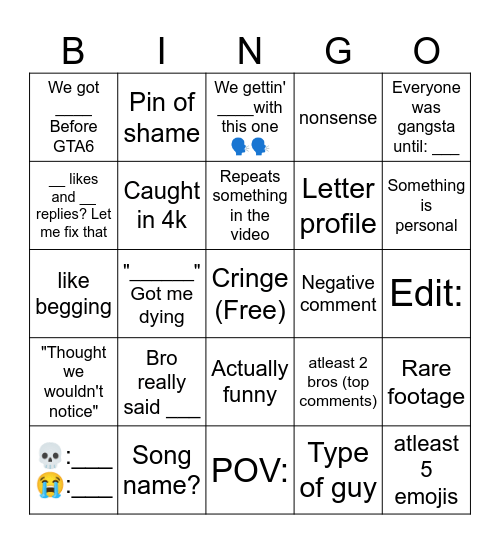 Yt short comment bingo Card