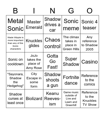 Sonic 3 Bingo Card